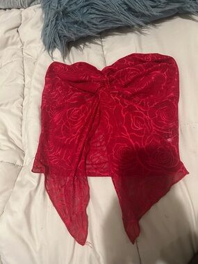 Red Floral Sheer Tie-Front Bustier Top